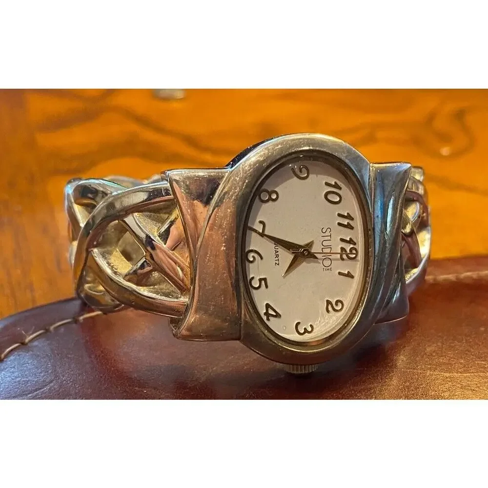 Women's Silver Tone 33mm Studio Time Bangle Bracelet Watch, Weave Pattern